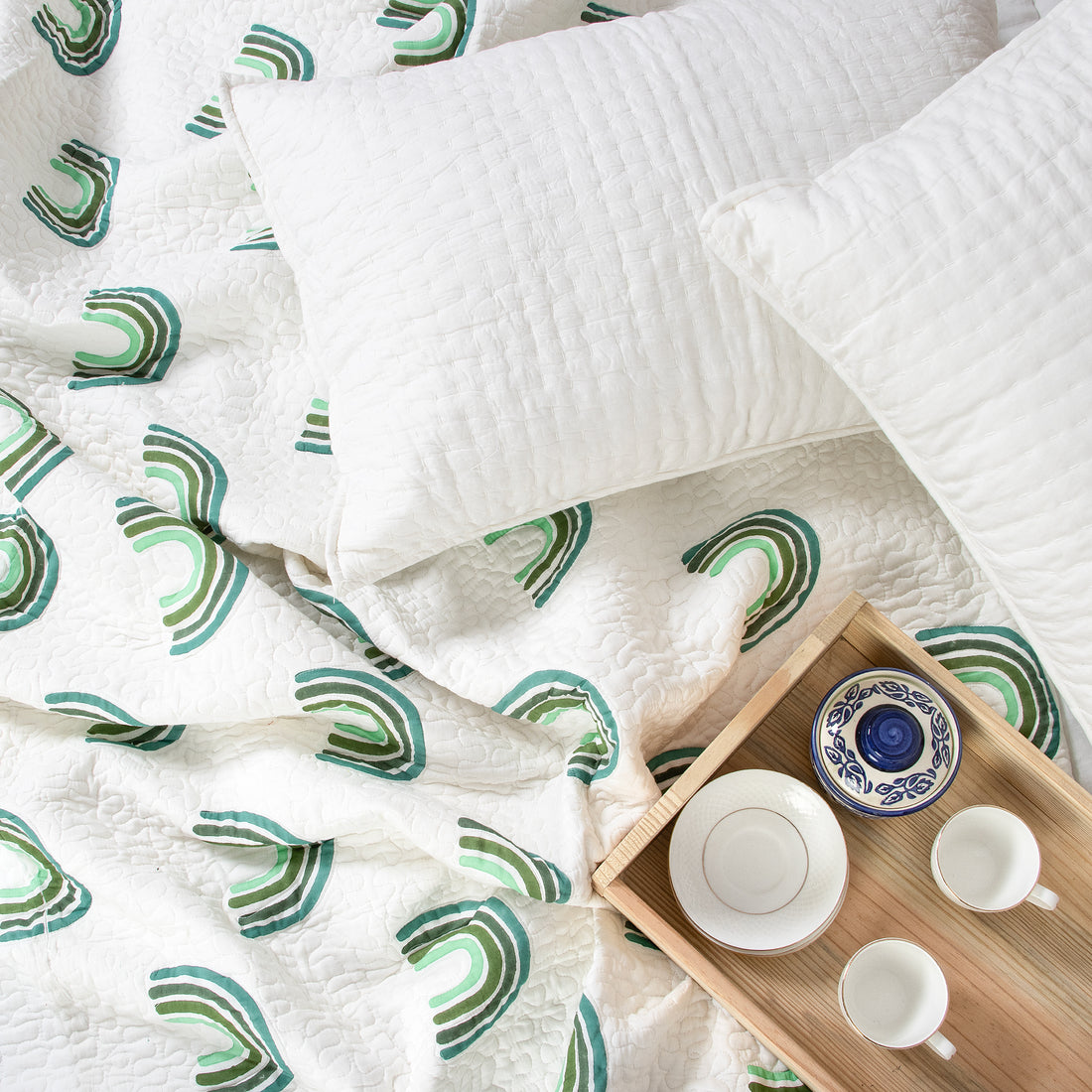 Green Rainbow Hand Block Cotton Machine Quilt with Pillows