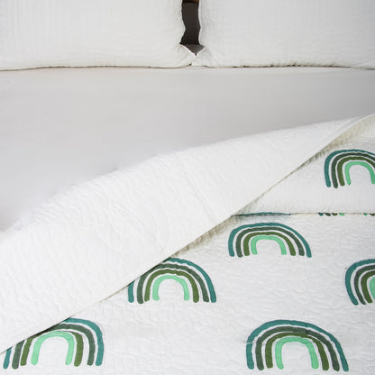 Green Rainbow Hand Block Cotton Machine Quilt with Pillows