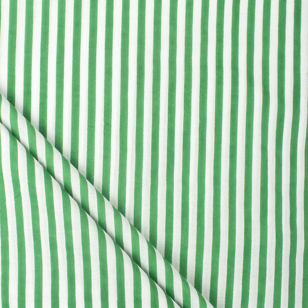 Green Striped Hand Block Print Cotton Fabric