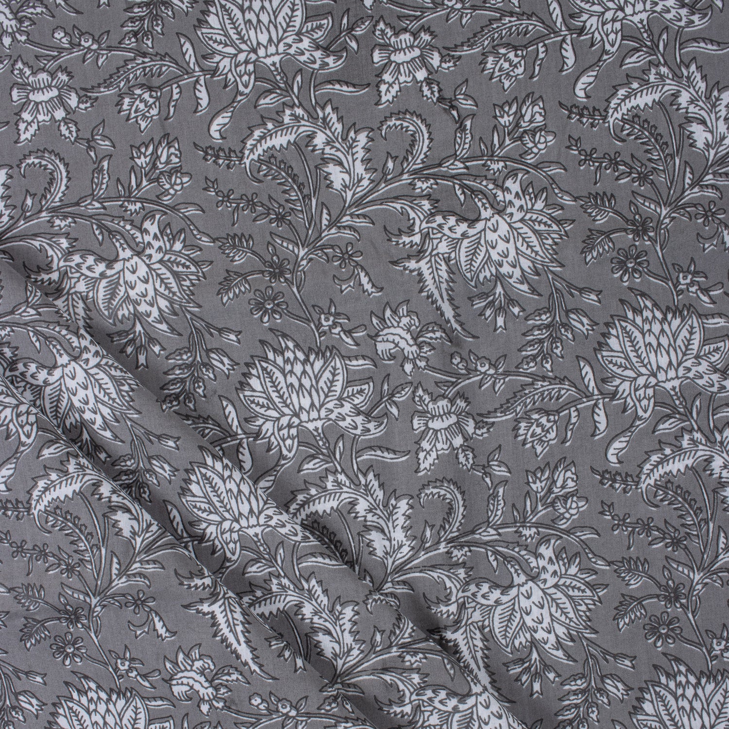 Grey Floral Indian Block Printed Fabric