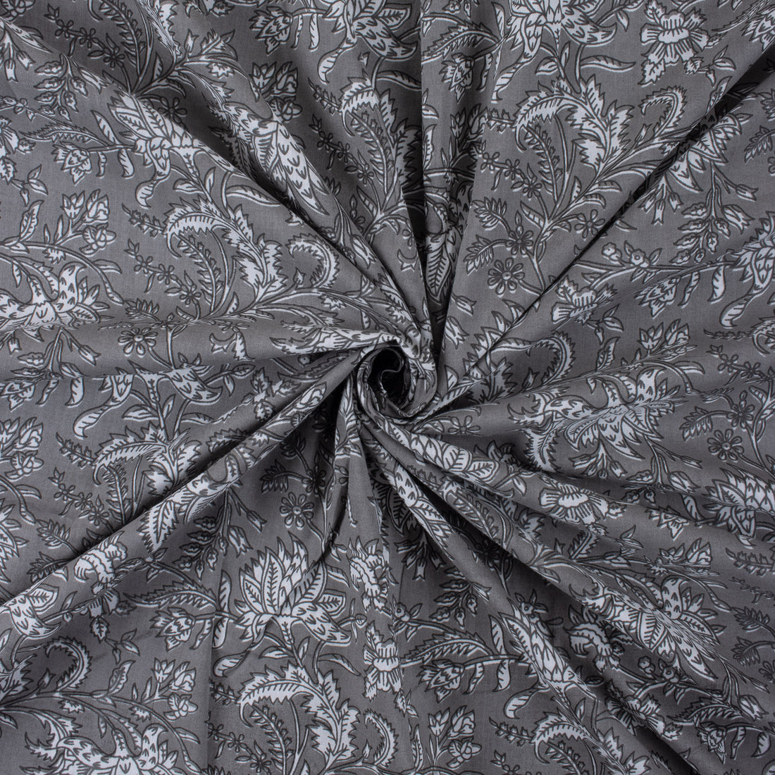 Grey Floral Indian Block Printed Fabric