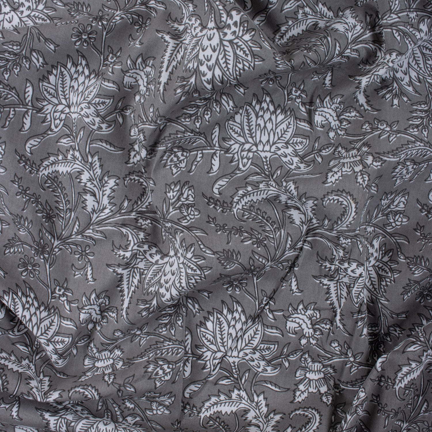 Grey Floral Indian Block Printed Fabric