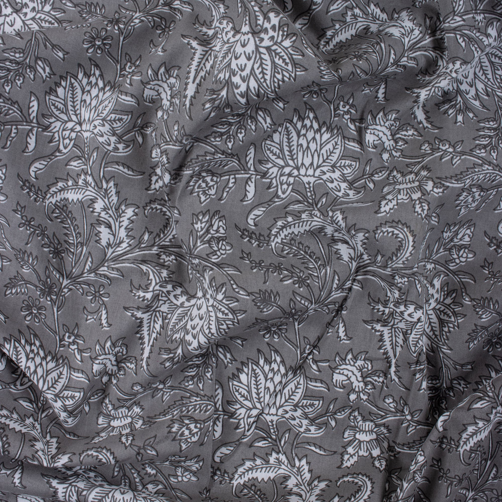 Grey Floral Indian Block Printed Fabric
