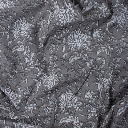 Grey Floral Indian Block Printed Fabric