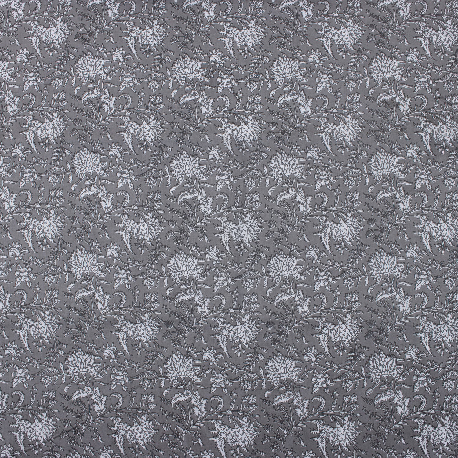 Grey Floral Indian Block Printed Fabric