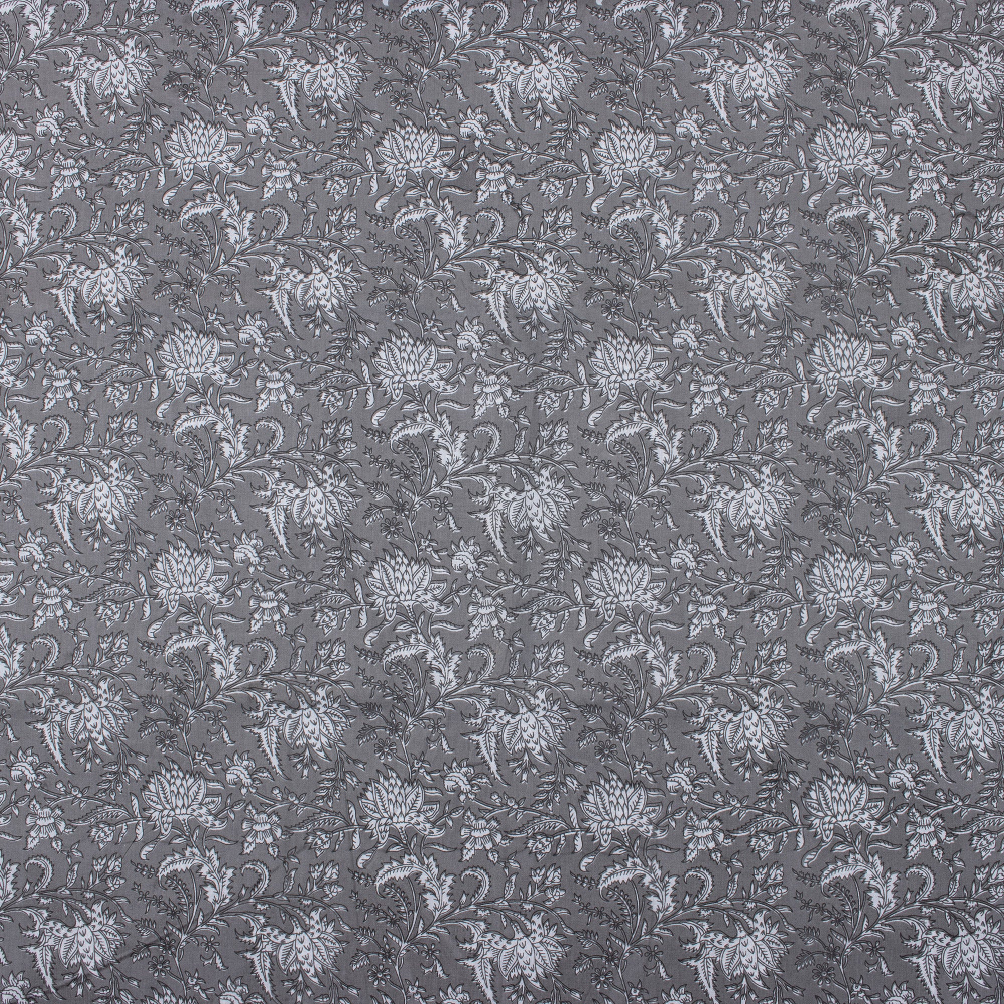 Grey Floral Indian Block Printed Fabric