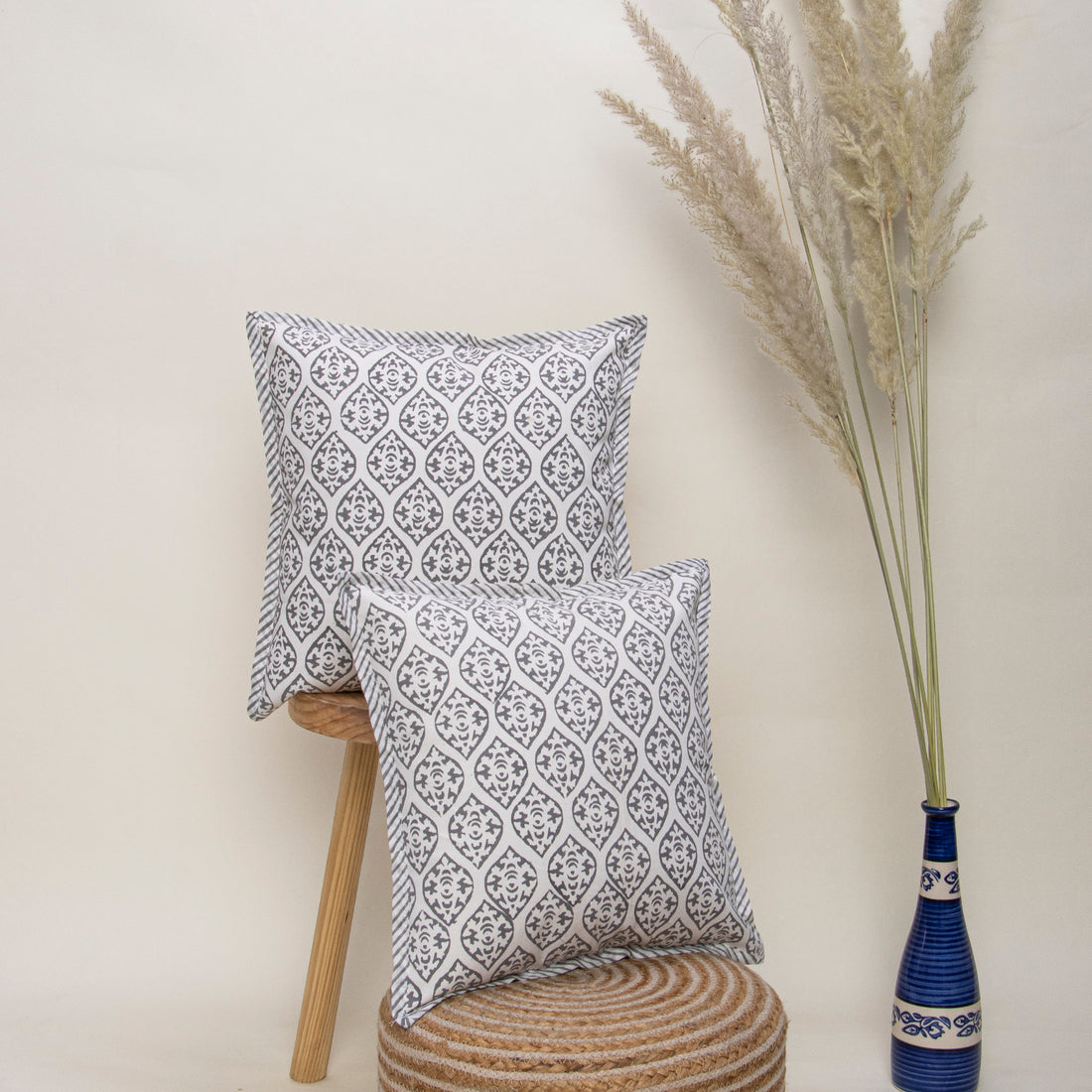 Grey Leaf Hand Block Printed Cotton Cushio Cover