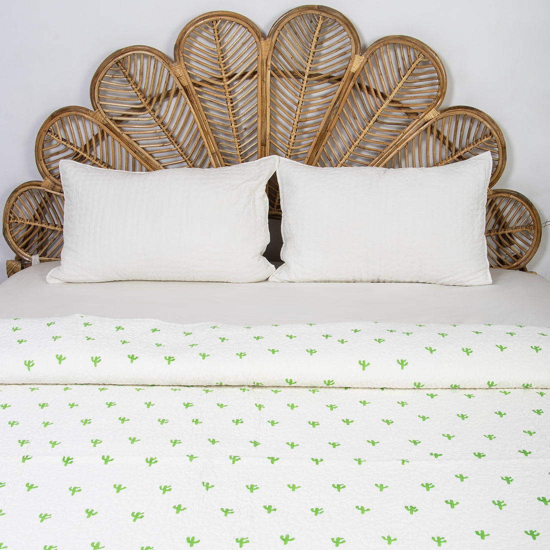 Hand Block Green Printed Cactus Machine Cotton Quilt