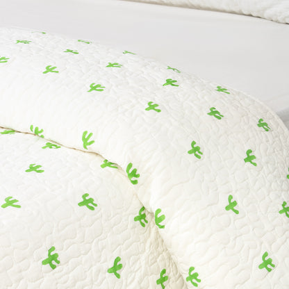 Hand Block Green Printed Cactus Machine Cotton Quilt