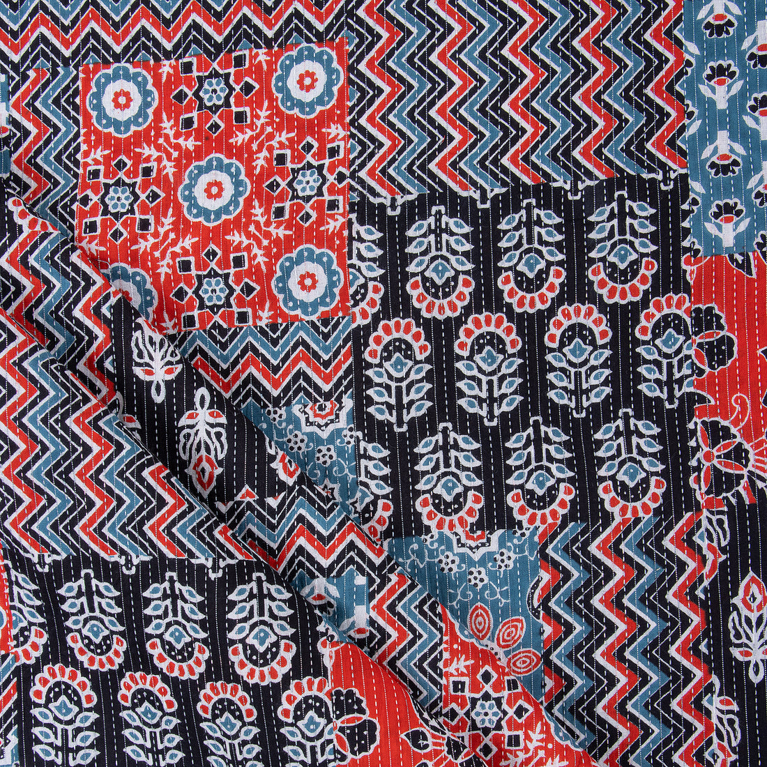Hand Block Patchwork Print Indian Kantha Fabric