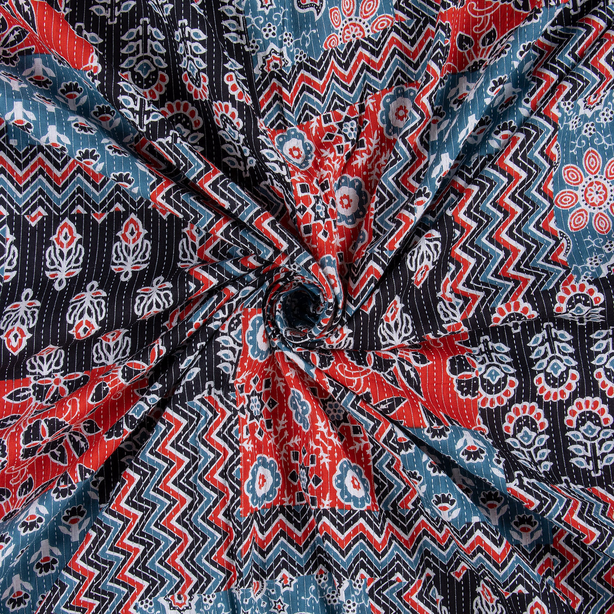 Hand Block Patchwork Print Indian Kantha Fabric