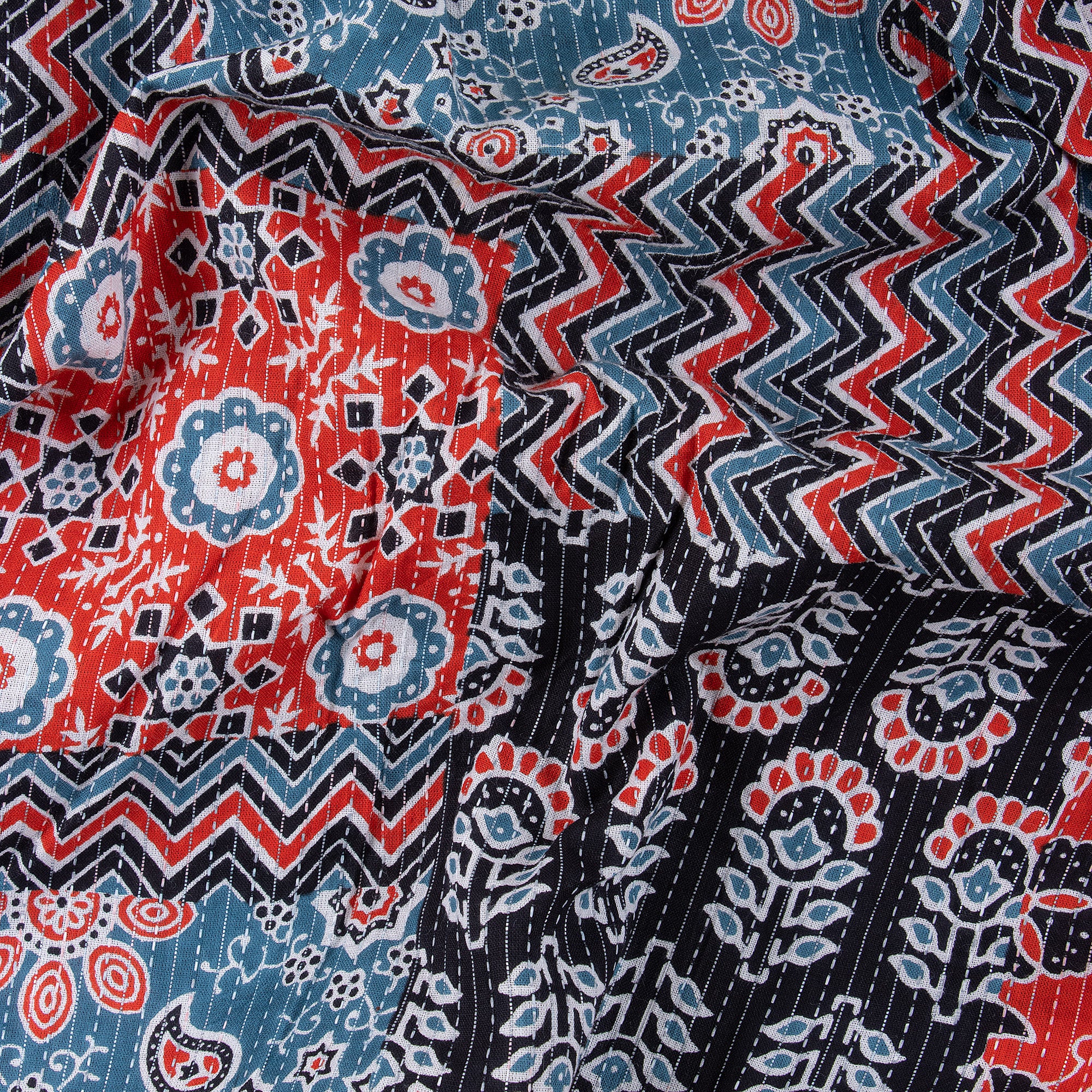 Hand Block Patchwork Print Indian Kantha Fabric