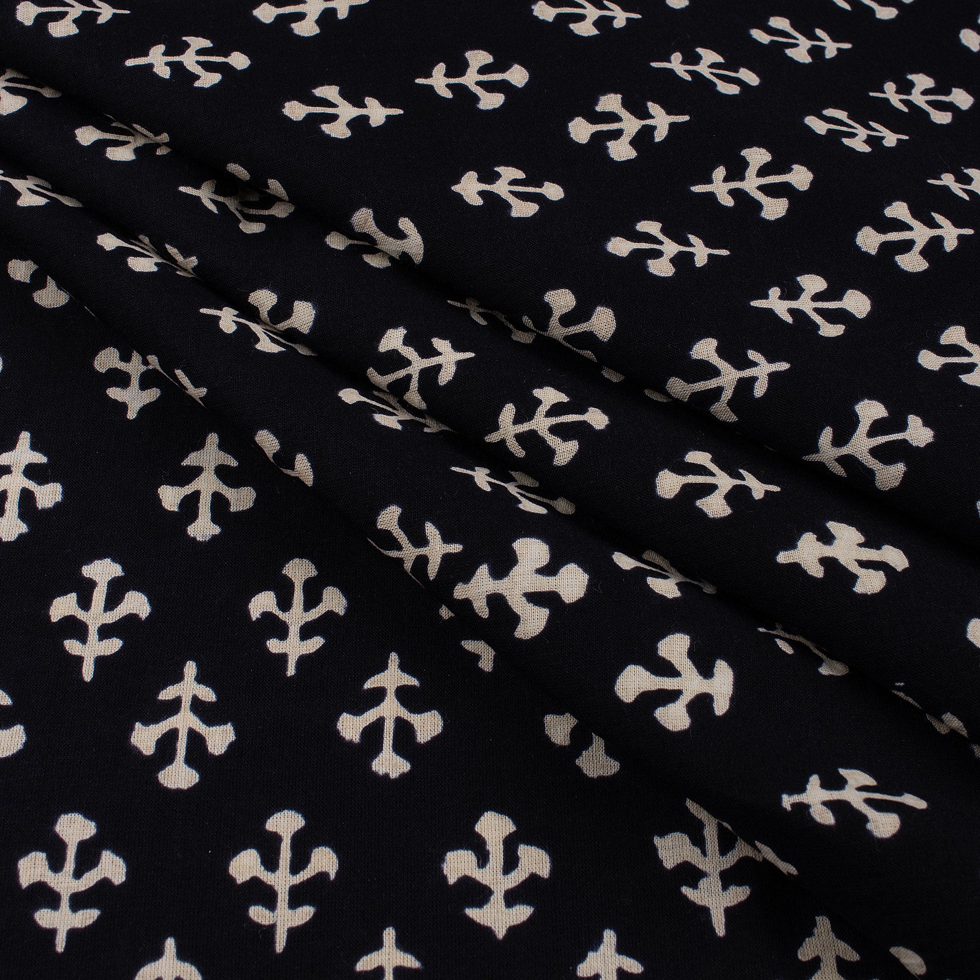 Hand Block Printed Cotton Black and White Fabric By the Yard