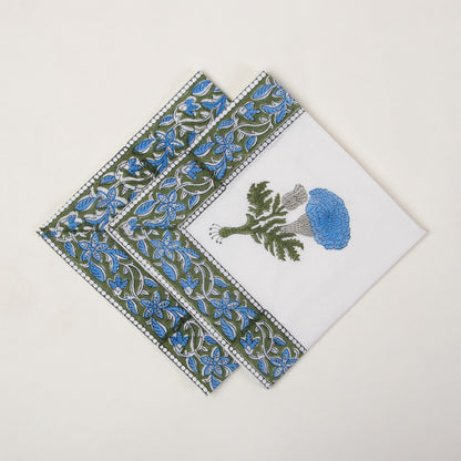 Hand Block Printed Cotton Floral Blue Table Napkin