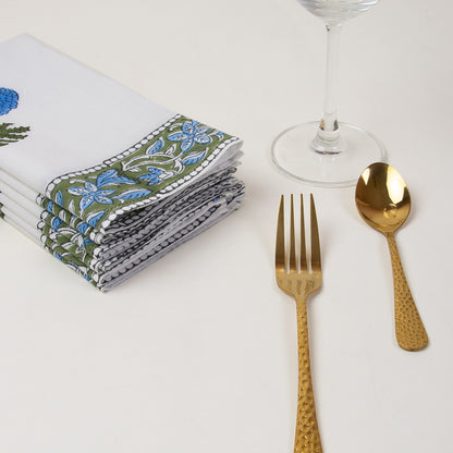 Hand Block Printed Cotton Floral Blue Table Napkin