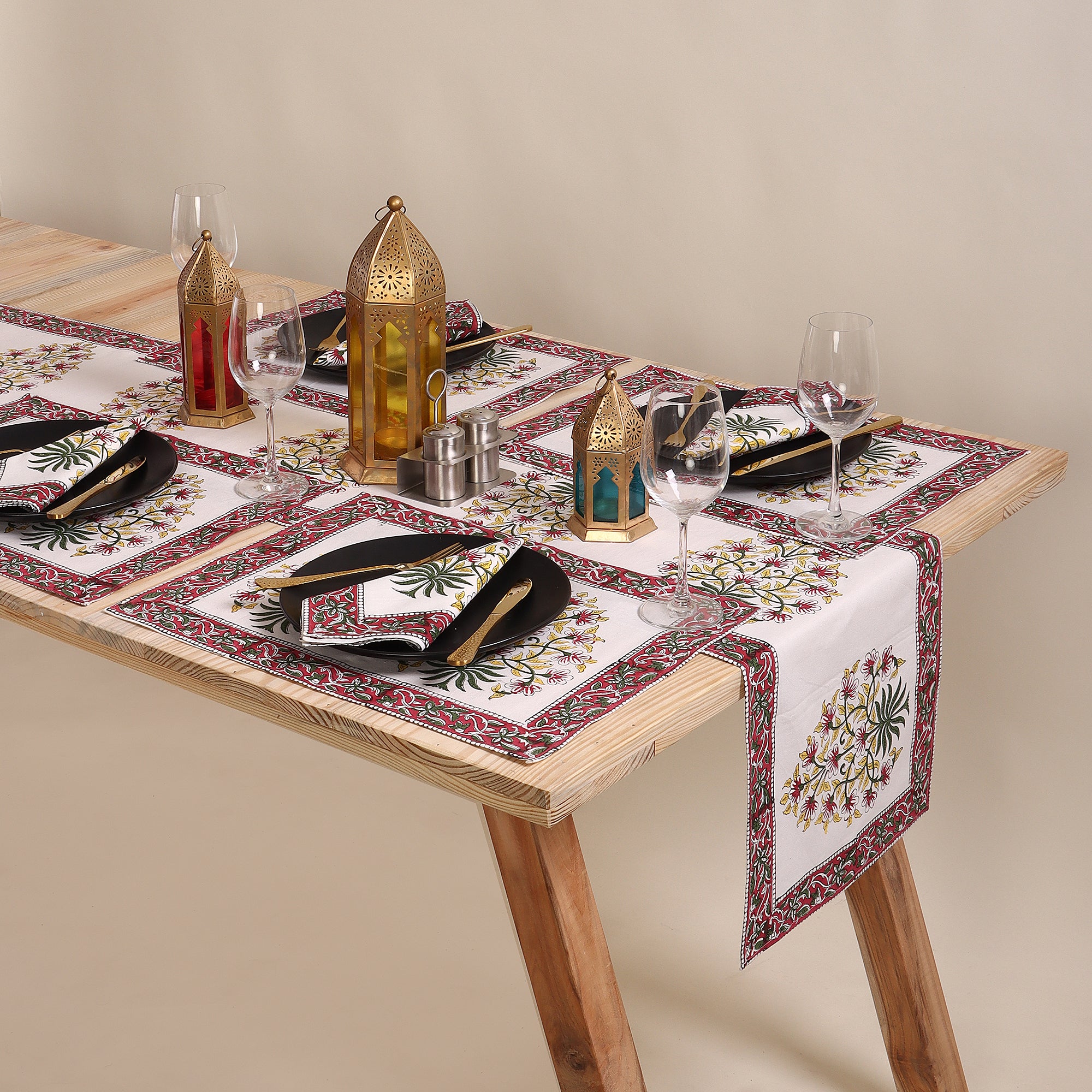 Hand Block Printed Cotton Floral Table Runner