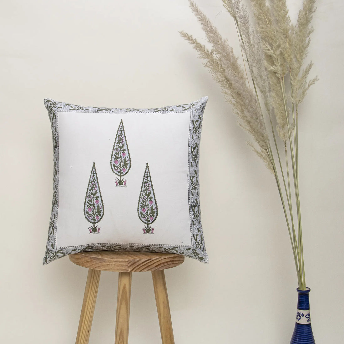 Hand Block Printed Cotton Green Leaf Cushion Cover