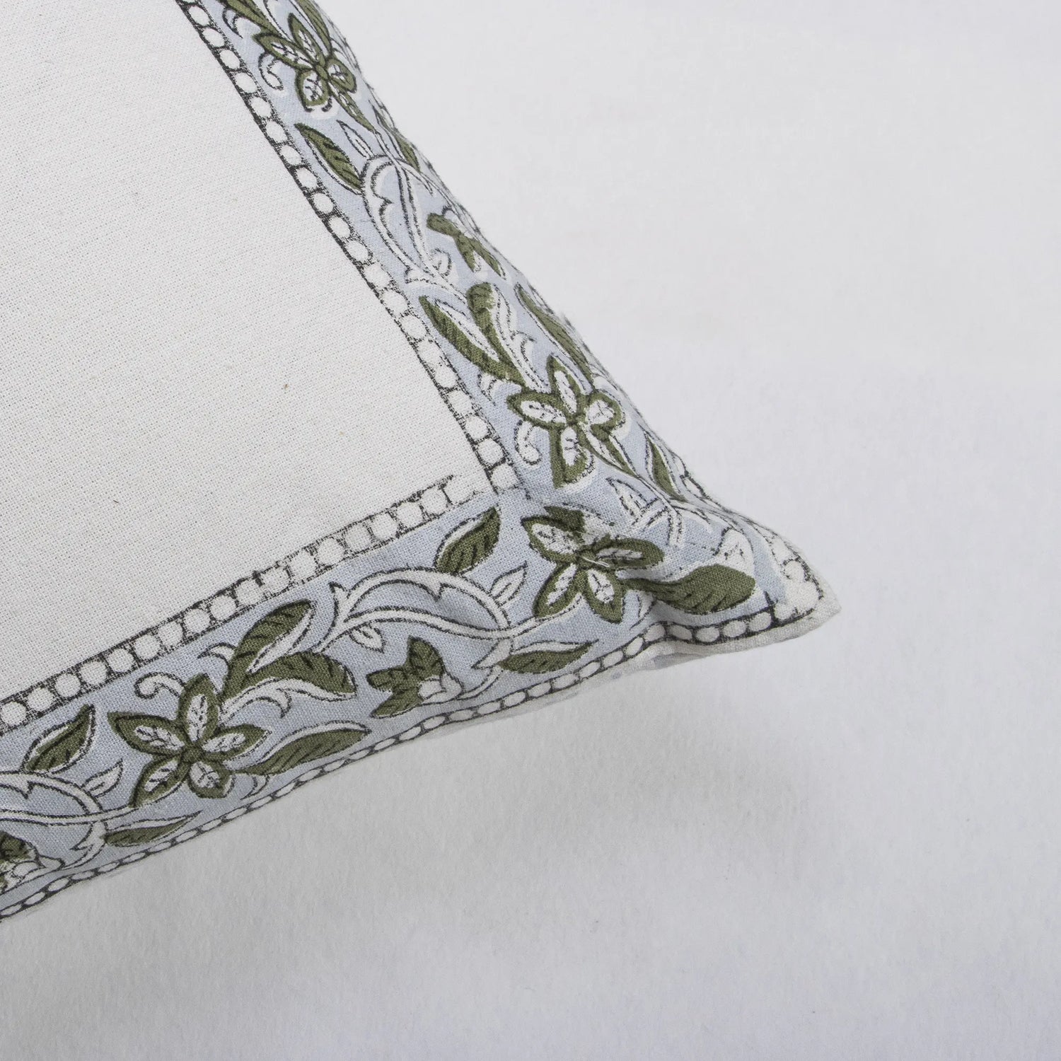 Hand Block Printed Cotton Green Leaf Cushion Cover