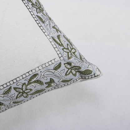 Hand Block Printed Cotton Green Leaf Cushion Cover
