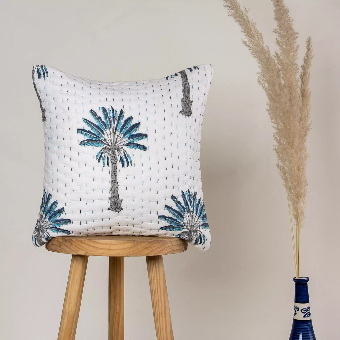 Hand Block Printed Cotton Kantha Quilted Cushion Cover
