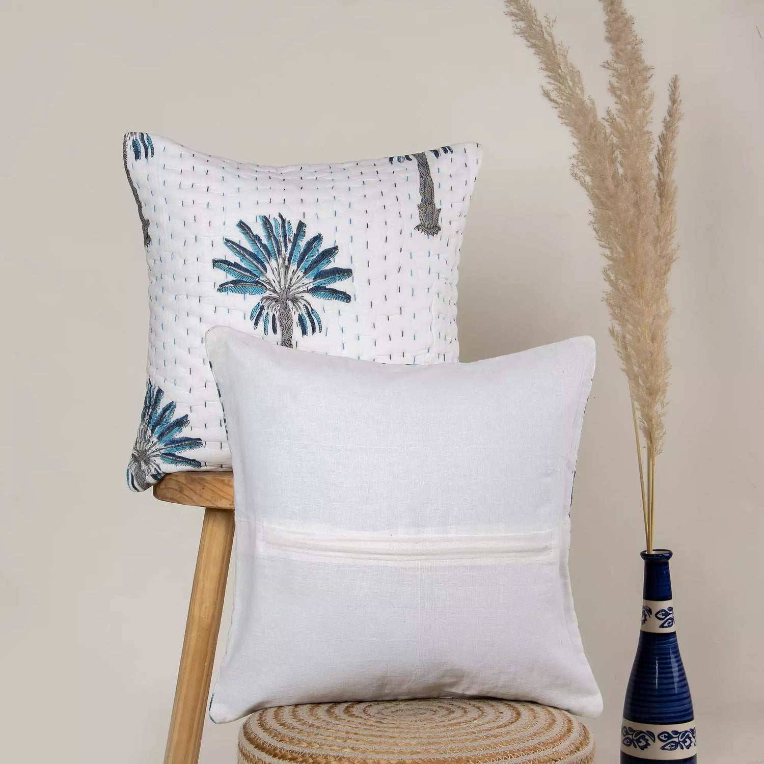 Hand Block Printed Cotton Kantha Quilted Cushion Cover