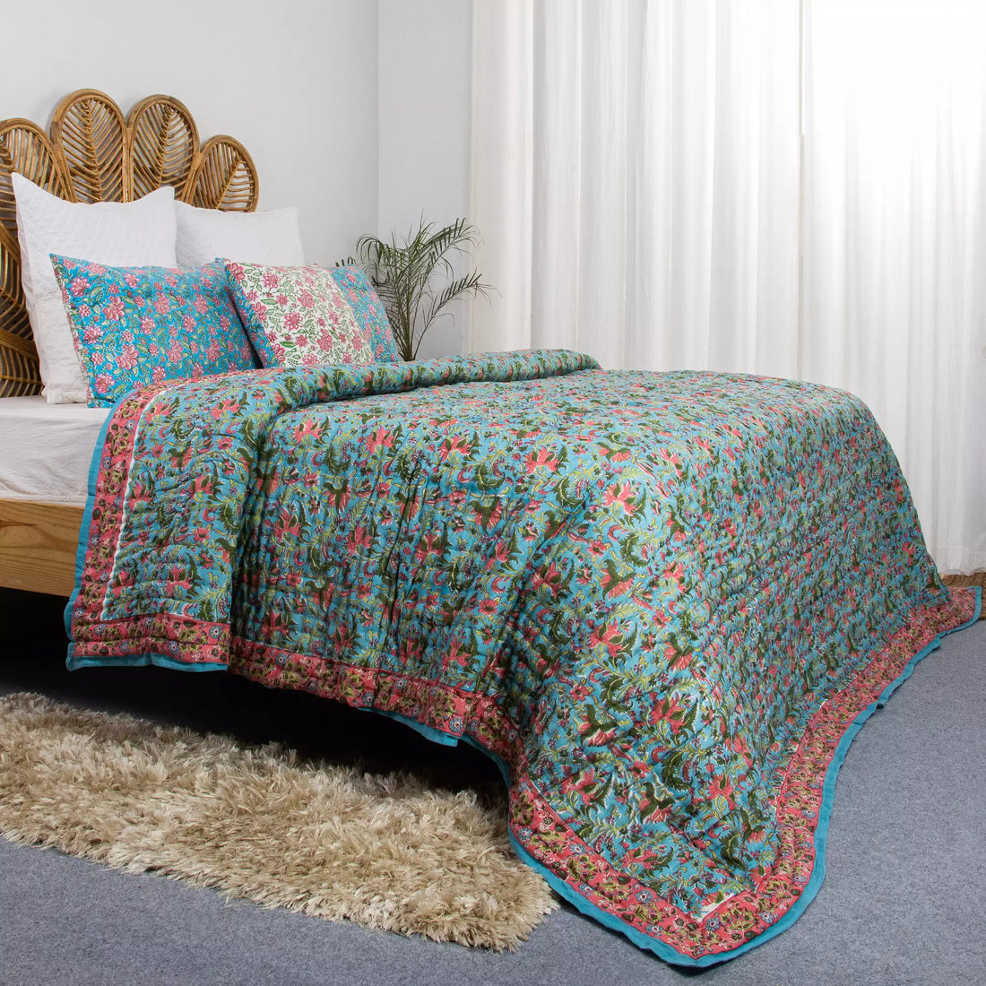 Hand Block Printed Green Floral Jaipuri Reversible Quilt
