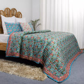 Hand Block Printed Green Floral Jaipuri Reversible Quilt