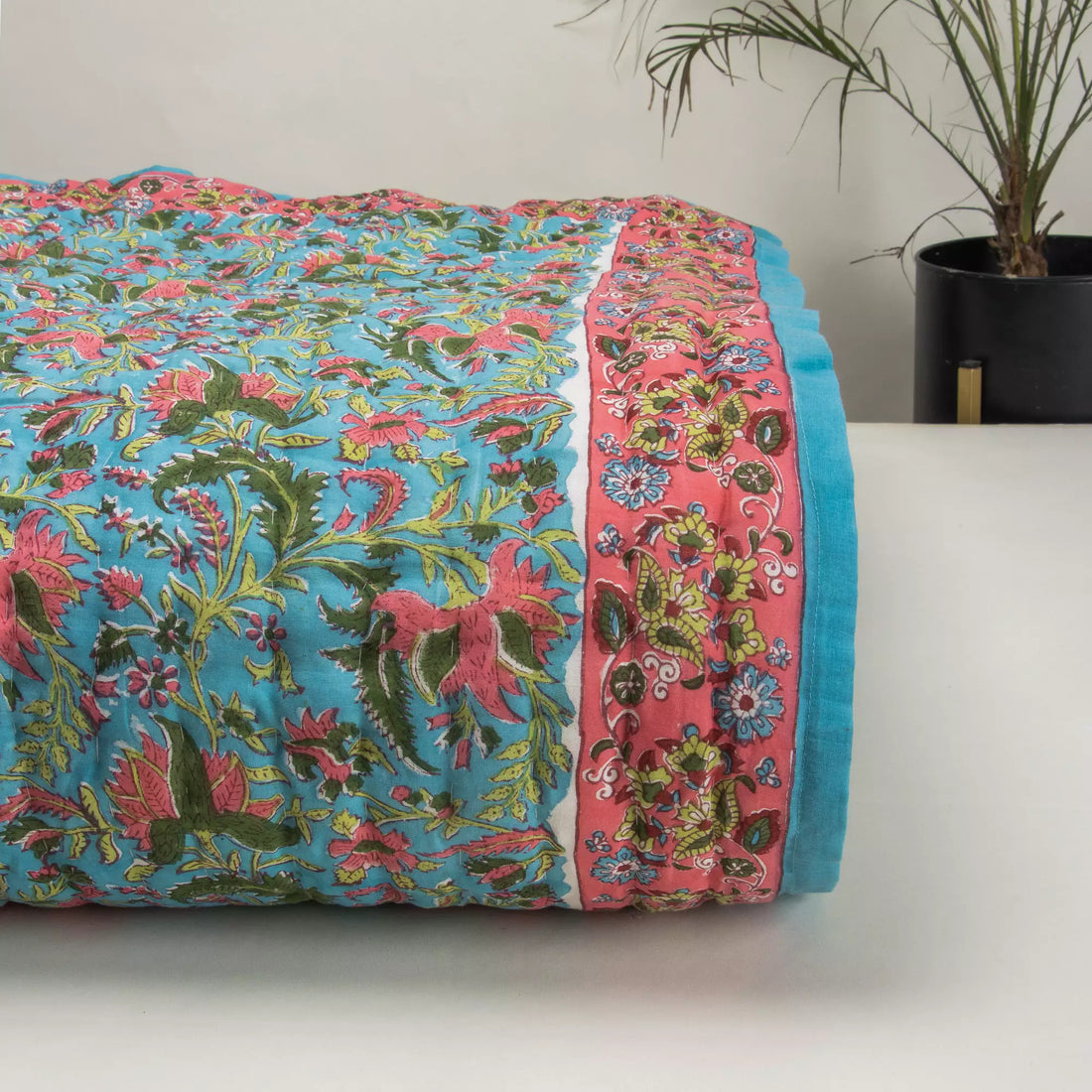 Hand Block Printed Green Floral Jaipuri Reversible Quilt