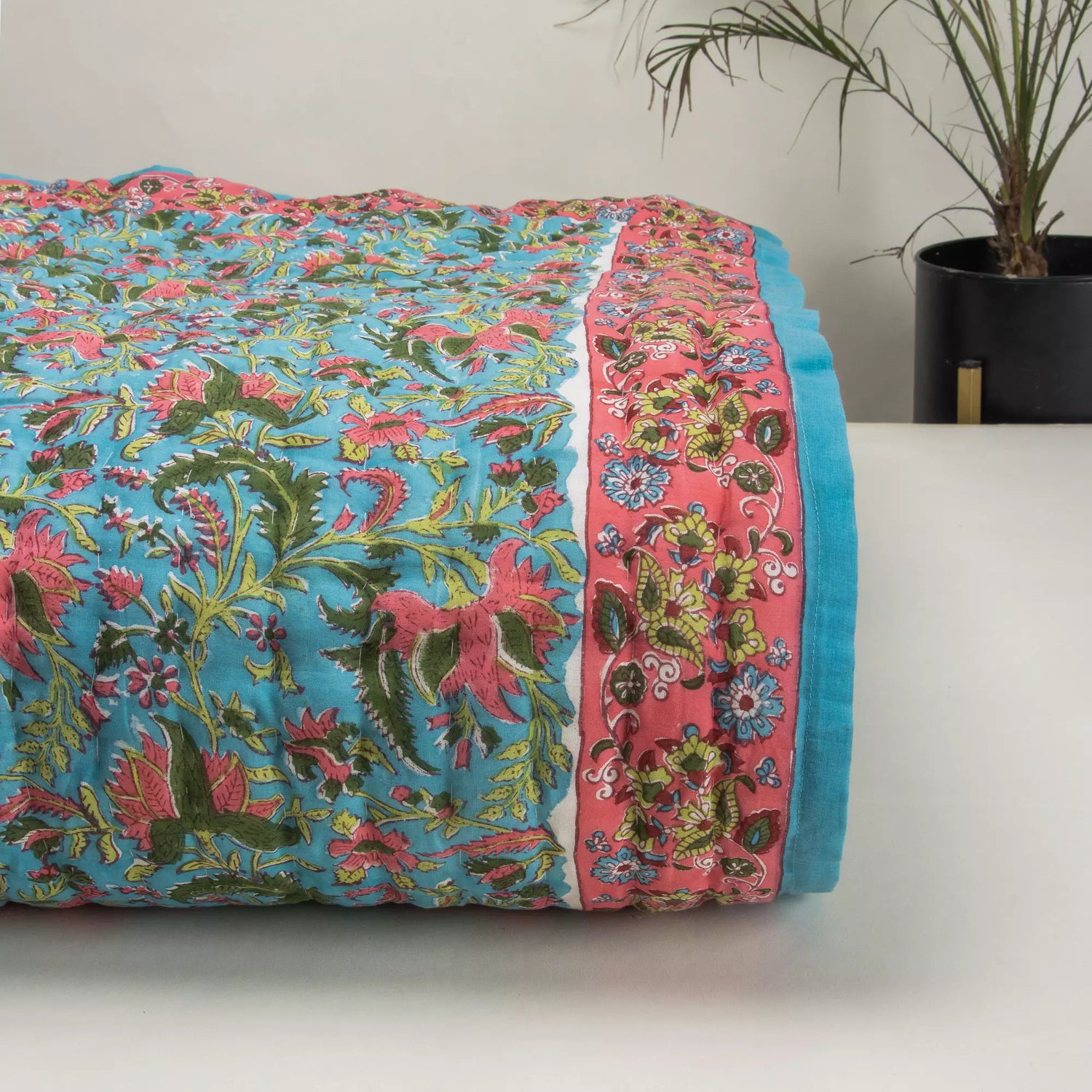 Hand Block Printed Green Floral Jaipuri Reversible Quilt