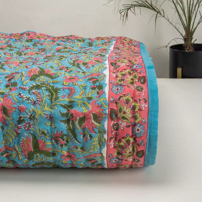 Hand Block Printed Green Floral Jaipuri Reversible Quilt