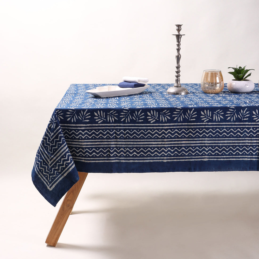 Hand Block Printed Indigo Leaf Cotton Tablecloth 
