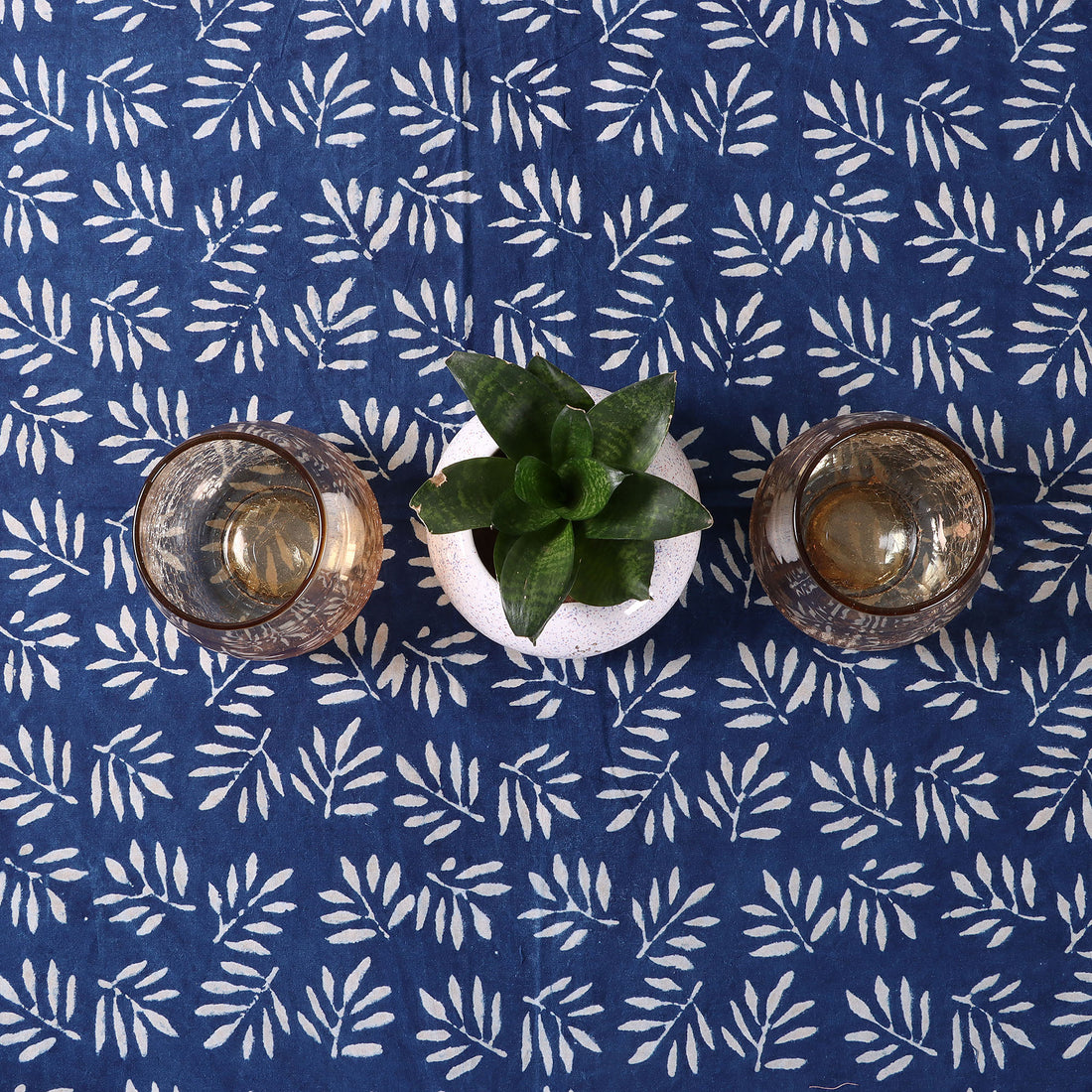 Hand Block Printed Indigo Leaf Cotton Tablecloth 