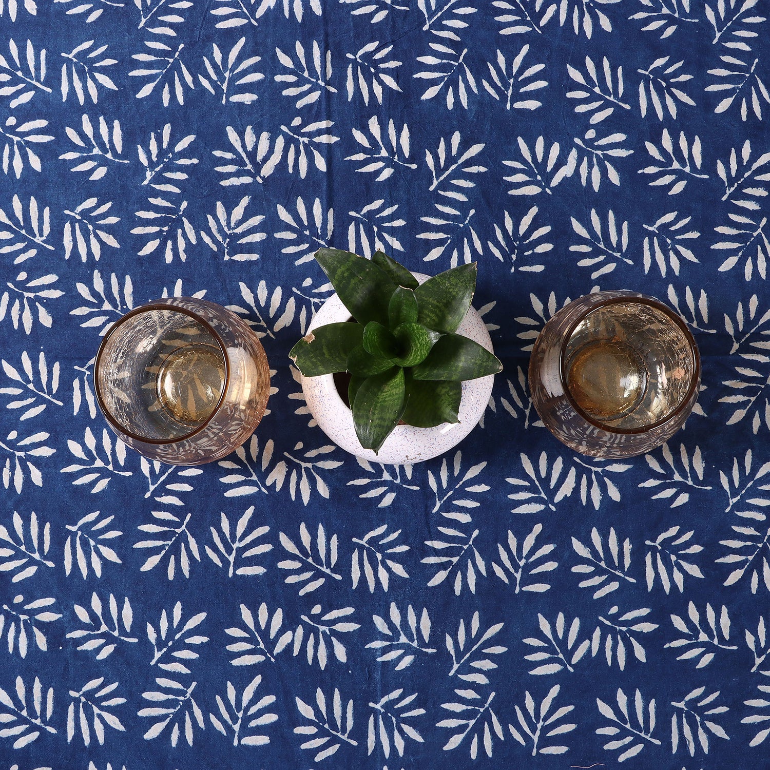 Hand Block Printed Indigo Leaf Cotton Tablecloth 