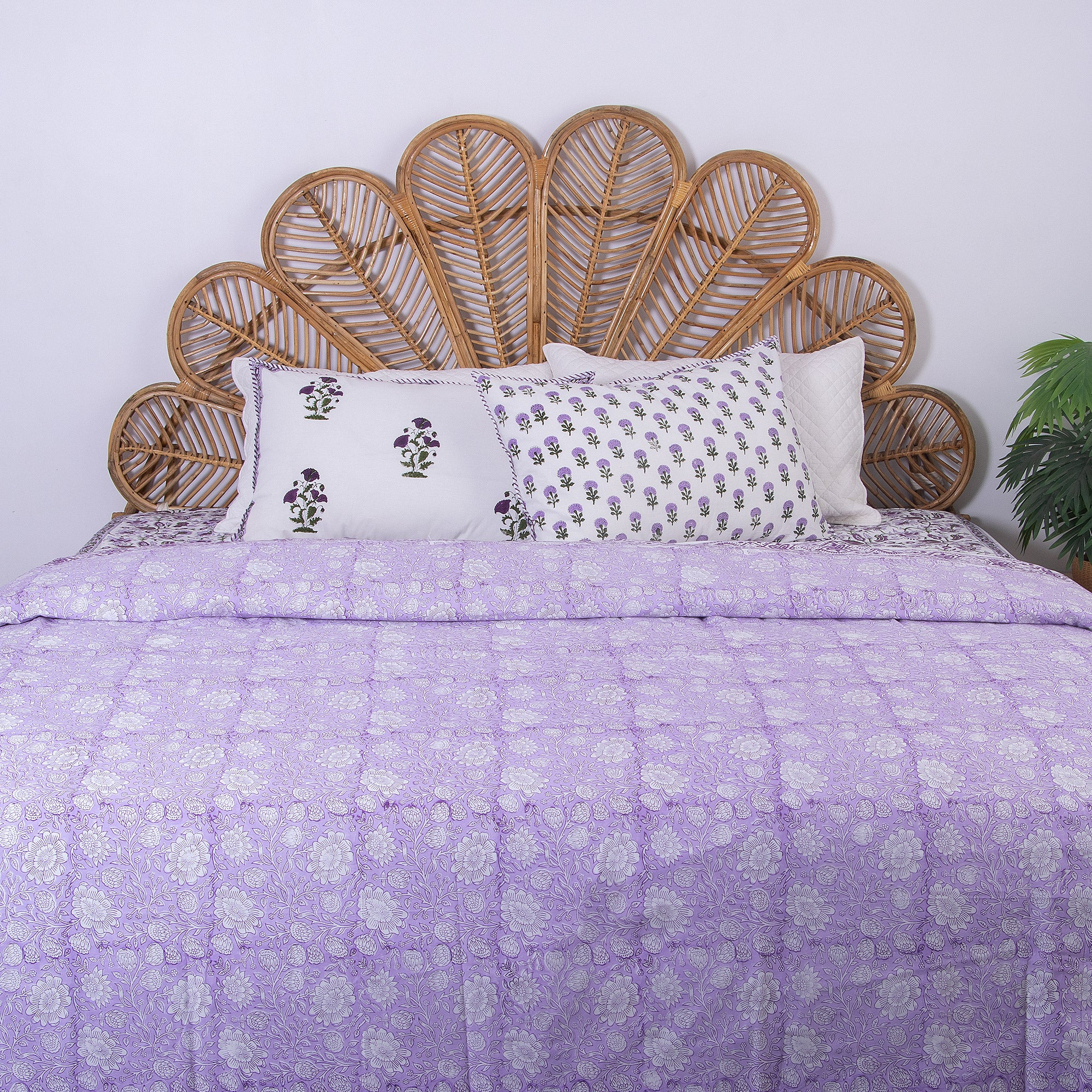 Hand Block Printed Purple Floral Reversible Dohar Quilt Blanket