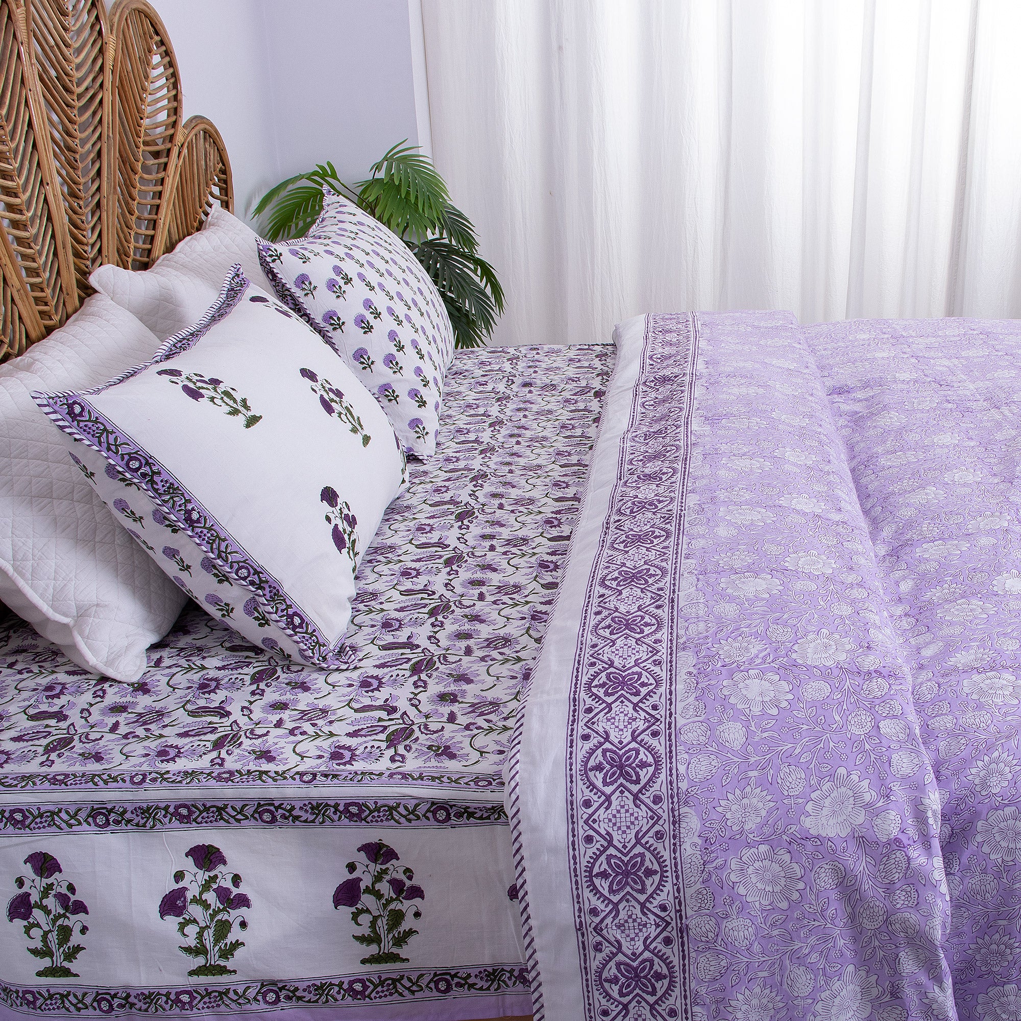 Hand Block Printed Purple Floral Reversible Dohar Quilt Blanket