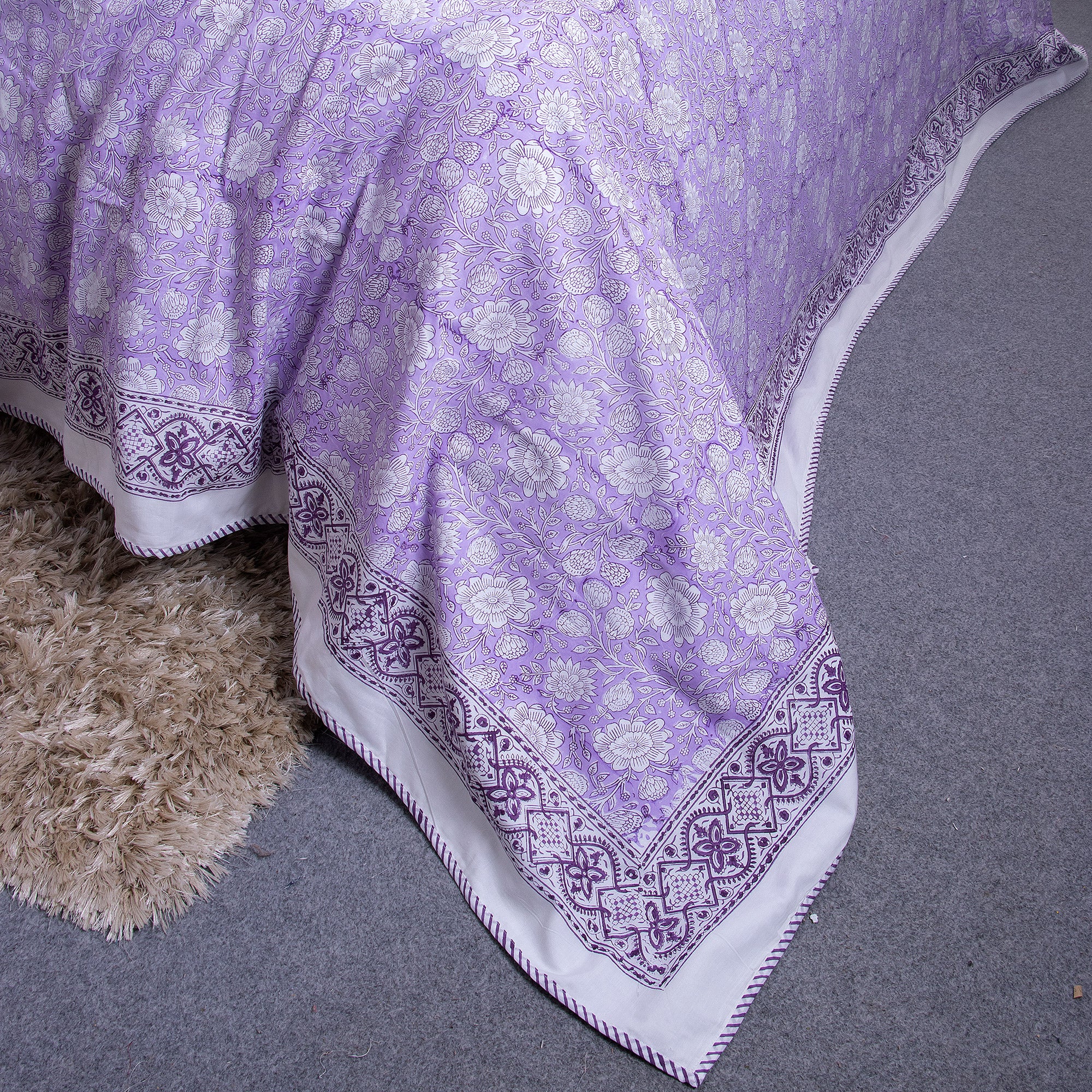 Hand Block Printed Purple Floral Reversible Dohar Quilt Blanket