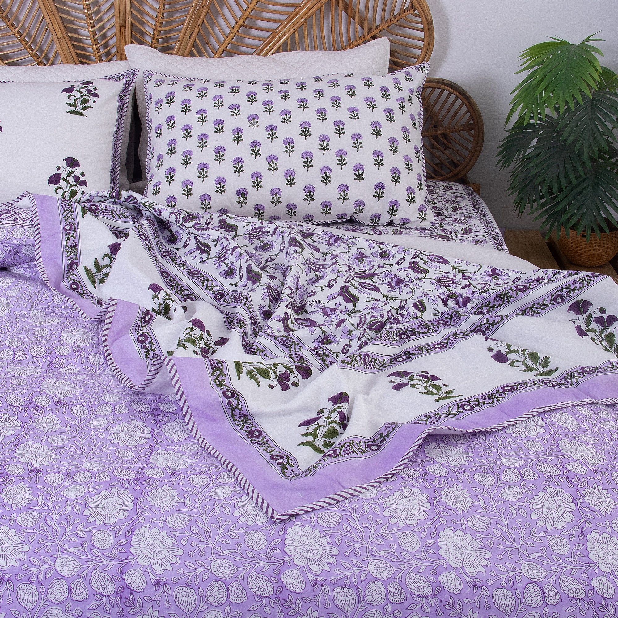 Hand Block Printed Purple Floral Reversible Dohar Quilt Blanket