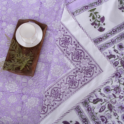 Hand Block Printed Purple Floral Reversible Dohar Quilt Blanket
