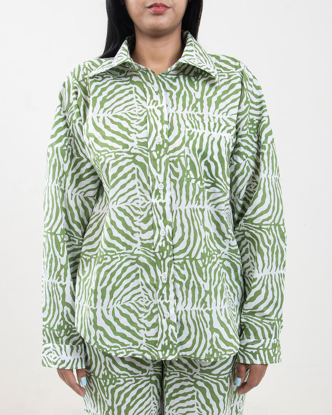 Hand Printed Green Light Cotton Cord Set for ladies