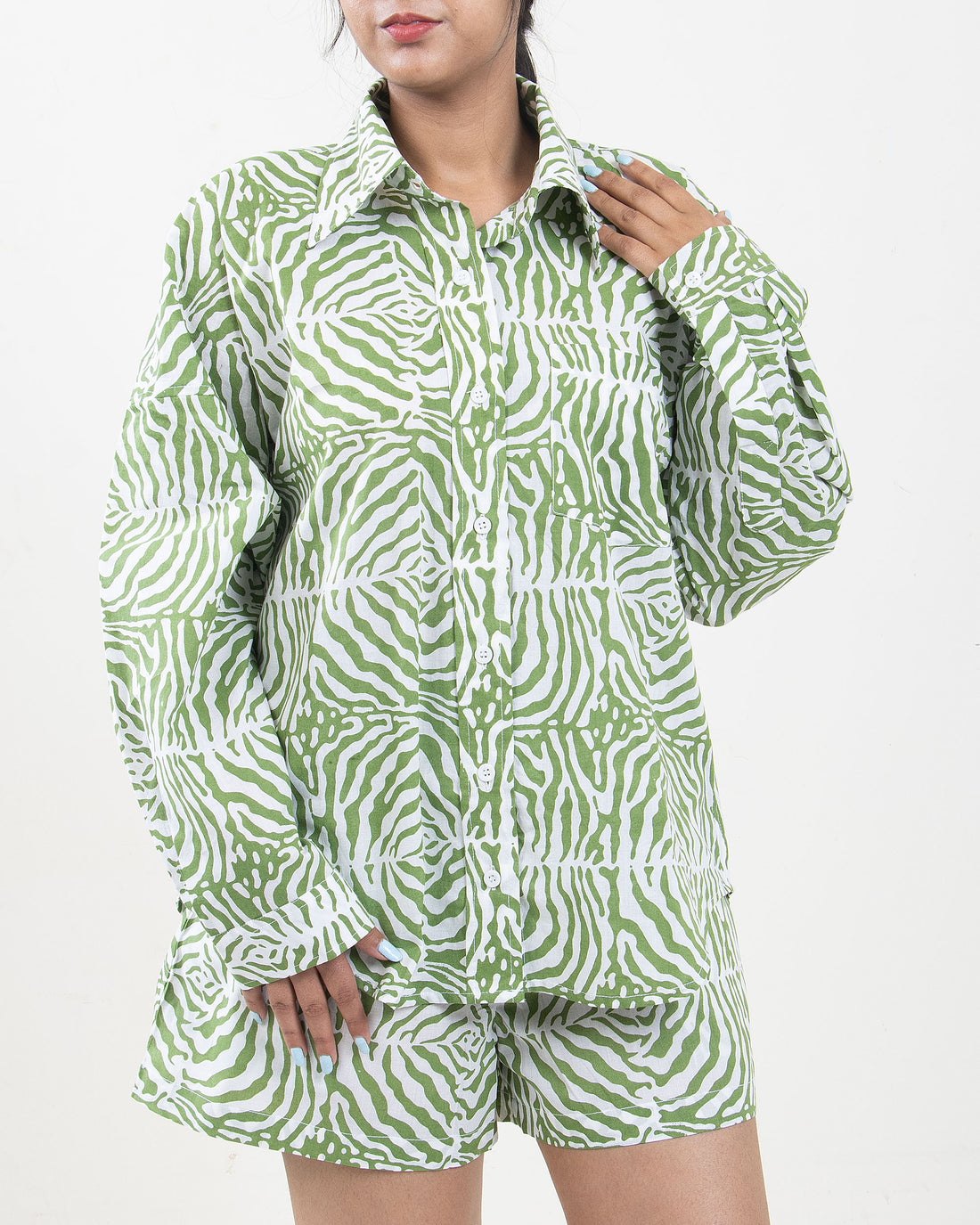Hand Printed Green Light Cotton Cord Set for ladies