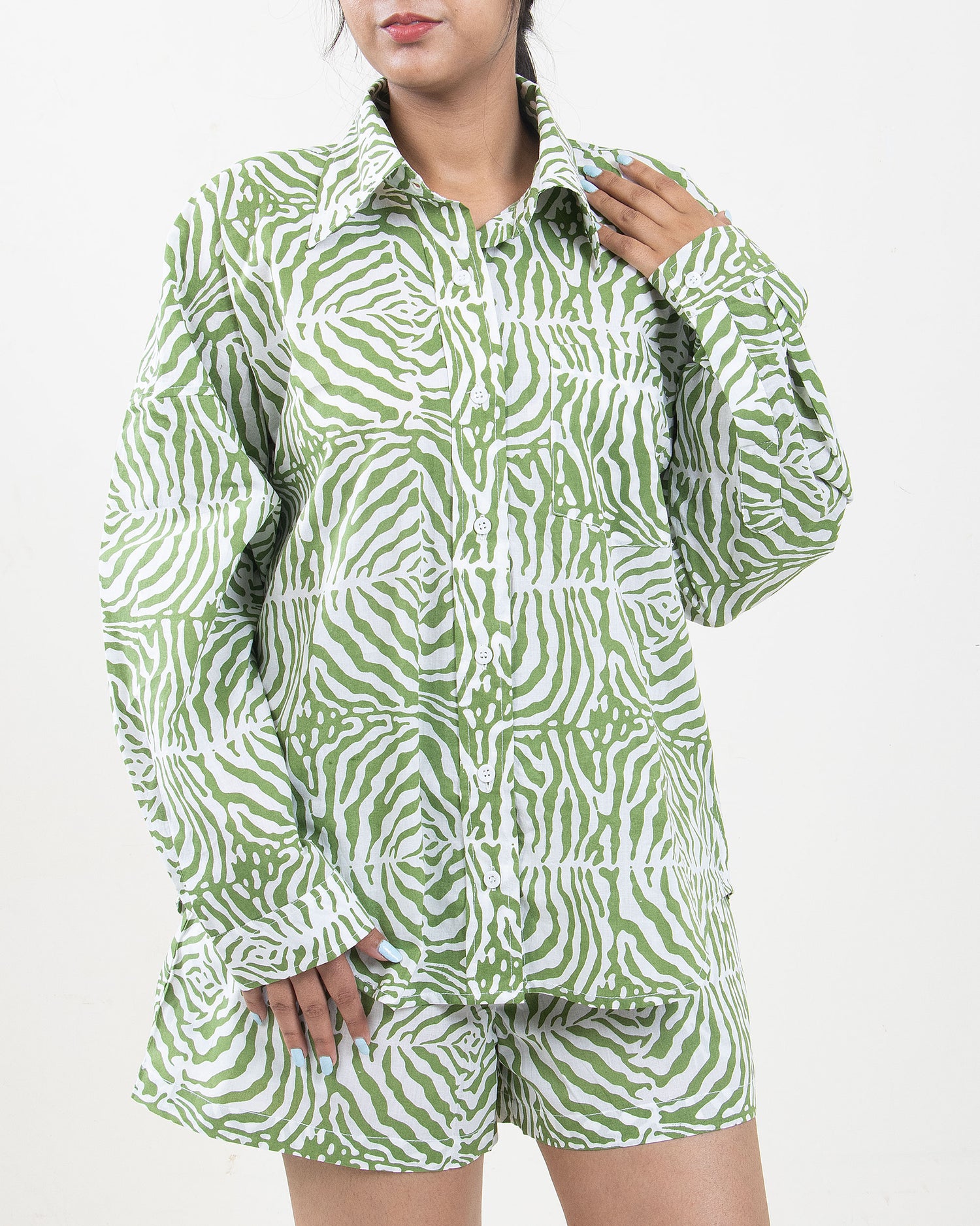 Hand Printed Green Light Cotton Cord Set for ladies