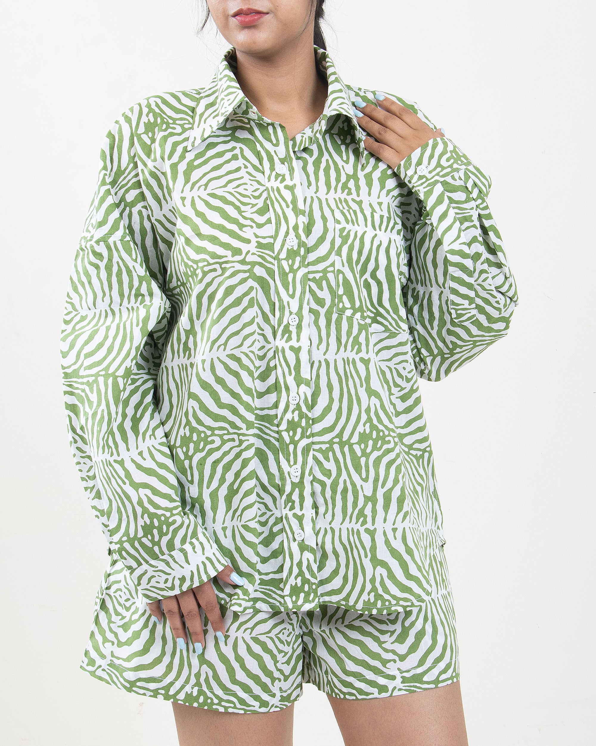 Hand Printed Green Light Cotton Cord Set for ladies