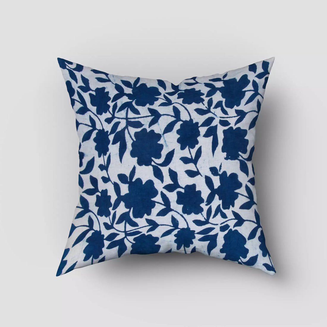 Hand Printed Indigo Blue Floral Cotton Cushion Cover