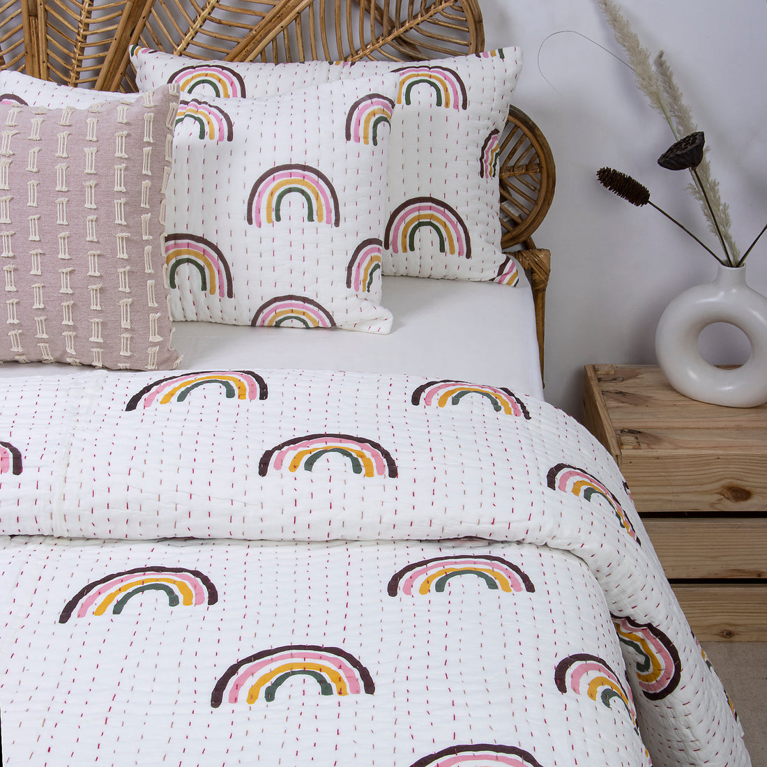 Hand Stitched Indian Rainbow Block Print Kantha Cotton Quilt