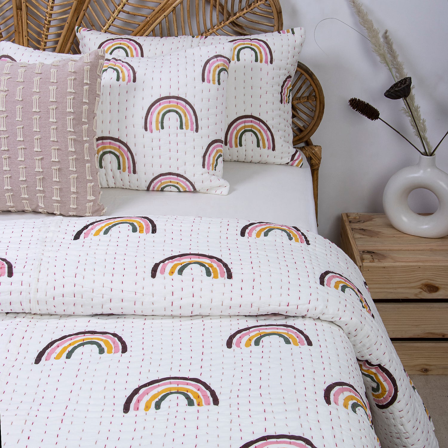 Hand Stitched Indian Rainbow Block Print Kantha Cotton Quilt