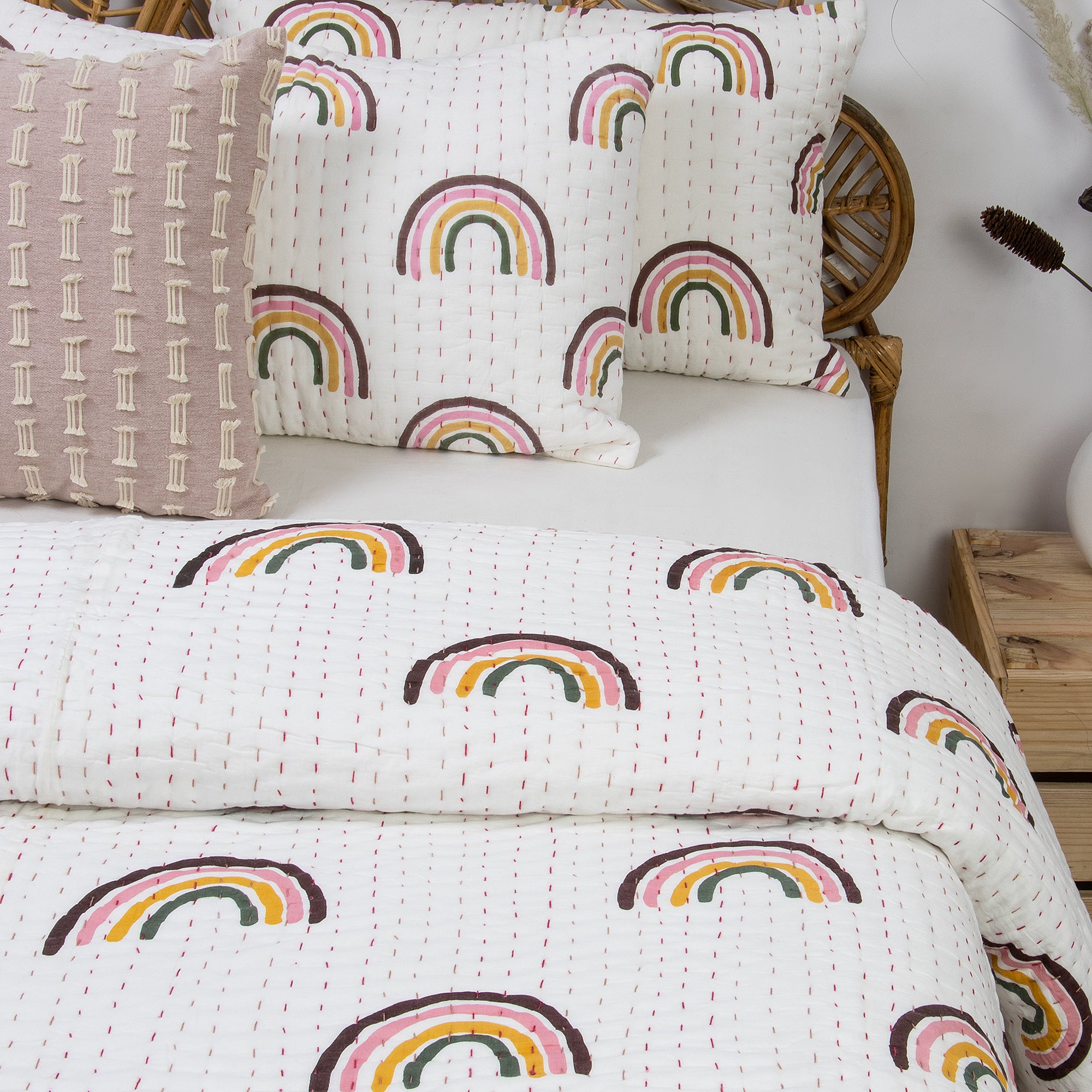 Hand Stitched Indian Rainbow Block Print Kantha Cotton Quilt