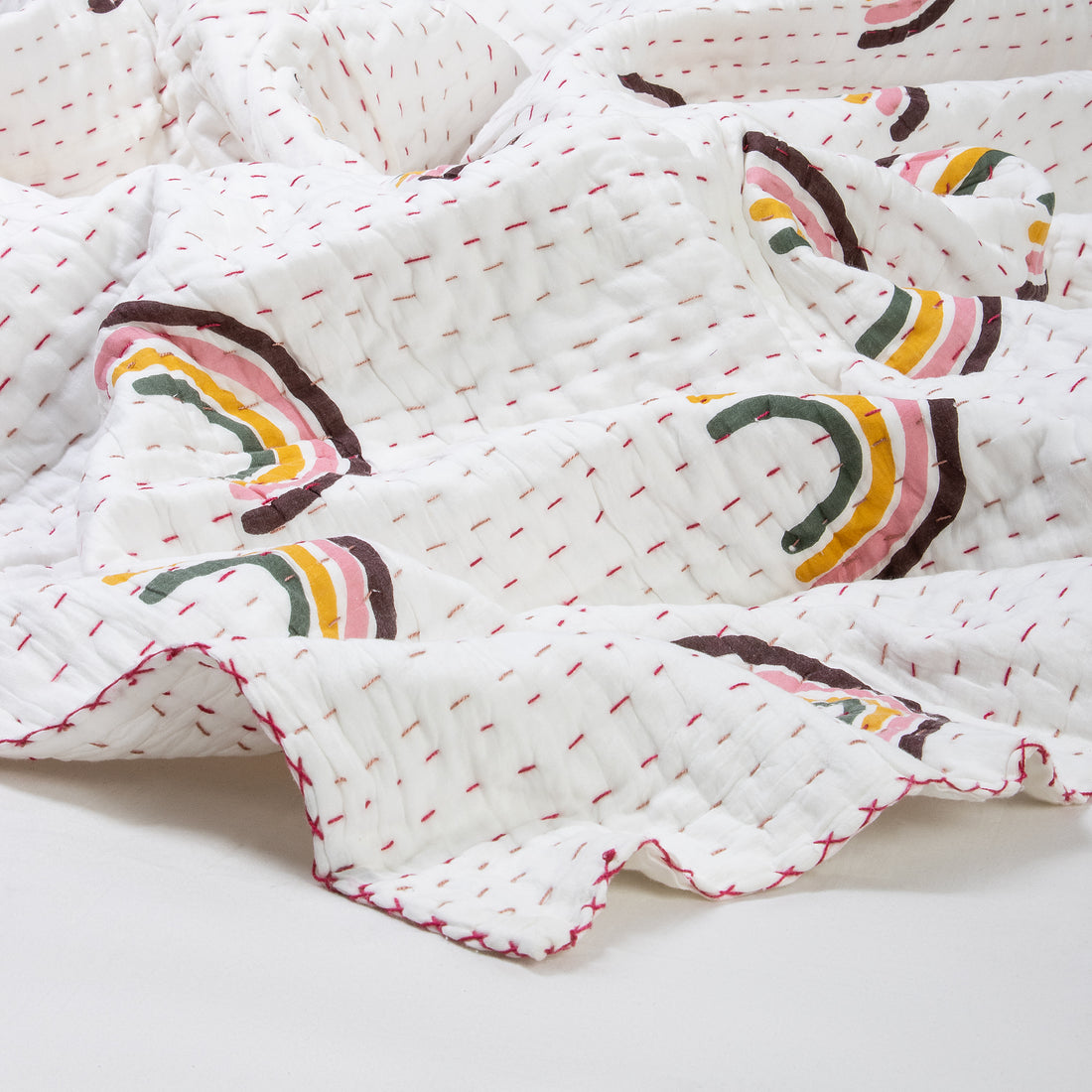 Hand Stitched Indian Rainbow Block Print Kantha Cotton Quilt