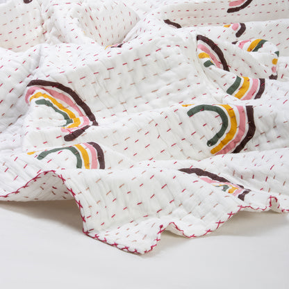 Hand Stitched Indian Rainbow Block Print Kantha Cotton Quilt