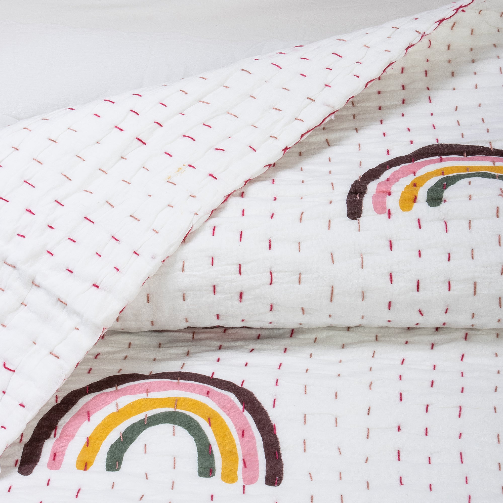 Hand Stitched Indian Rainbow Block Print Kantha Cotton Quilt