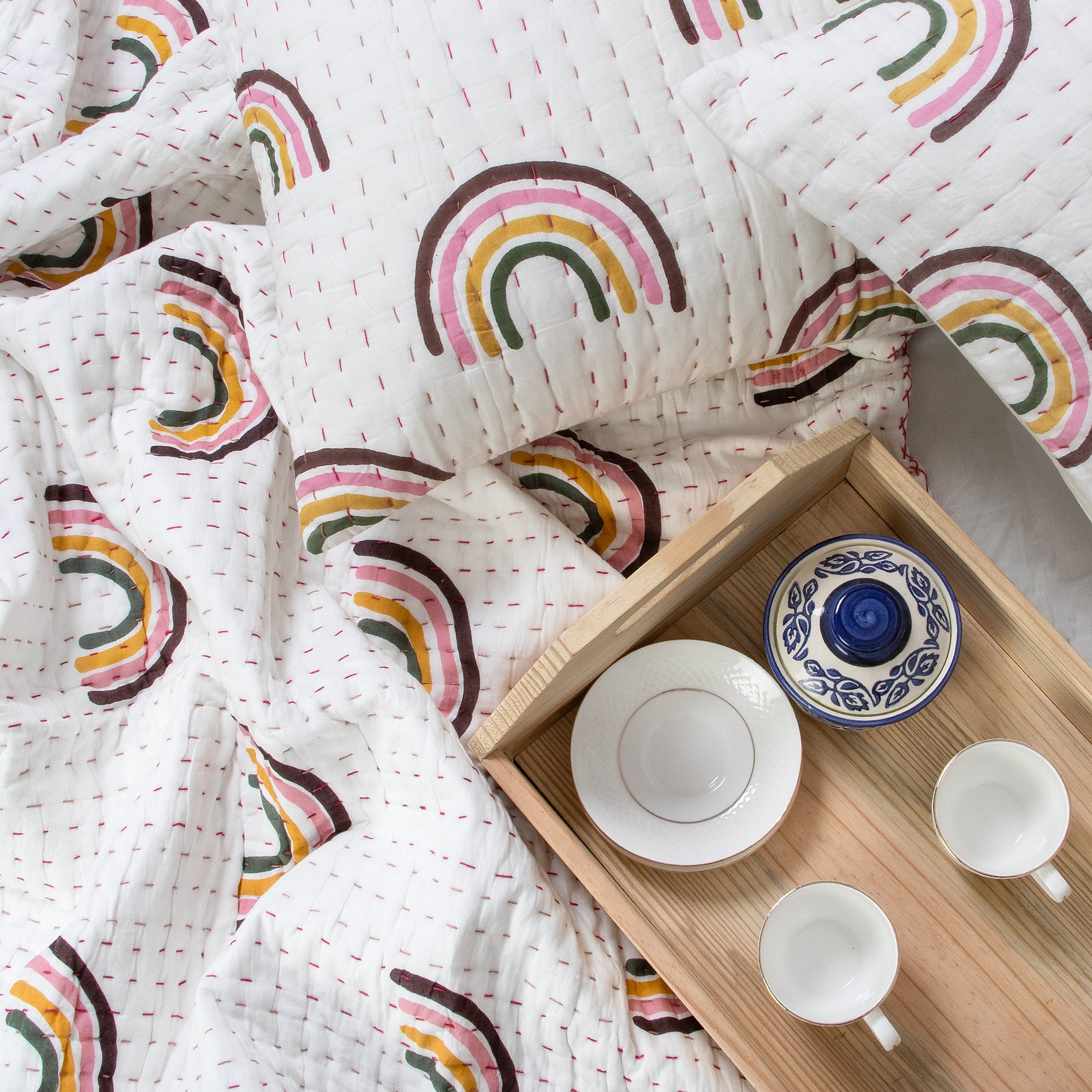 Hand Stitched Indian Rainbow Block Print Kantha Cotton Quilt
